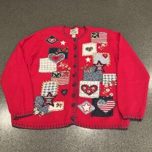 Vintage Heirloom Collectibles Patriotic Flag Heart Patchwork Novelty Sweater L